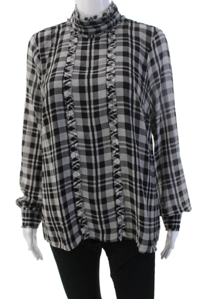 Karl Lagerfeld Women Black Plaid Mock Neck Button Up Blouse Long Sleeve Size S