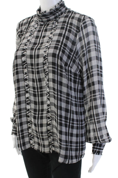Karl Lagerfeld Women Black Plaid Mock Neck Button Up Blouse Long Sleeve Size S