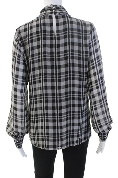 Karl Lagerfeld Women Black Plaid Mock Neck Button Up Blouse Long Sleeve Size S
