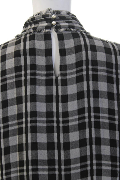 Karl Lagerfeld Women Black Plaid Mock Neck Button Up Blouse Long Sleeve Size S