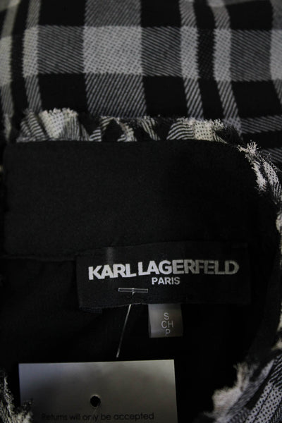 Karl Lagerfeld Women Black Plaid Mock Neck Button Up Blouse Long Sleeve Size S