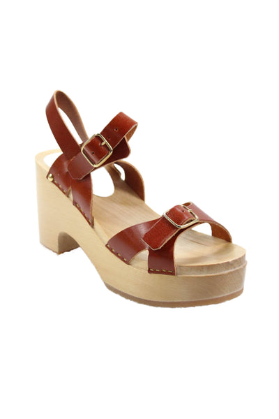 Youyou Womens Leather YRIS Buckled Ankle Strap Platform Sandals Caramel Size 7