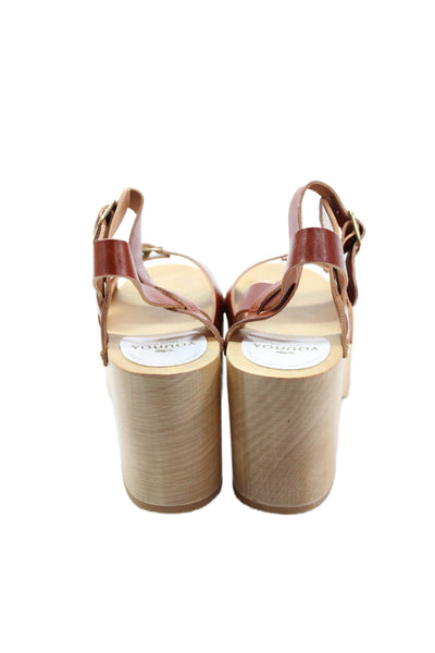 Youyou Womens Leather YRIS Buckled Ankle Strap Platform Sandals Caramel Size 7