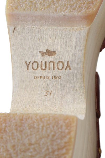 Youyou Womens Leather YRIS Buckled Ankle Strap Platform Sandals Caramel Size 7