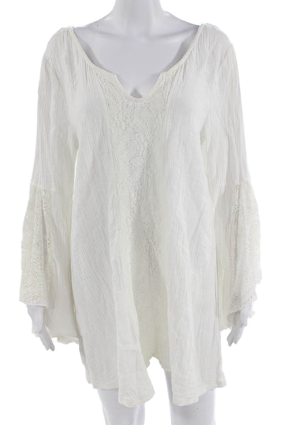 L Space Women V-Neck Tunic White Cotton Long Sleeve Short Beach Size L