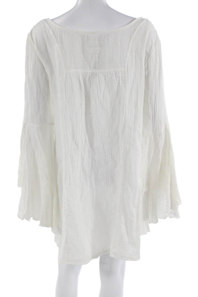 L Space Women V-Neck Tunic White Cotton Long Sleeve Short Beach Size L