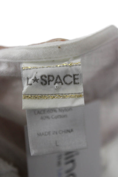 L Space Women V-Neck Tunic White Cotton Long Sleeve Short Beach Size L