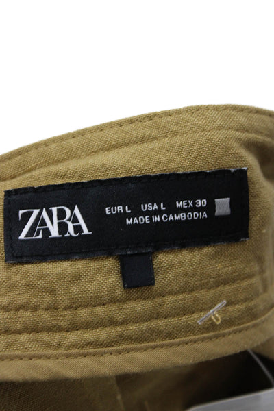 Zara Womens Cargo Shorts Brown Linen Viscose Button Size L