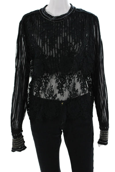 Blank London Women Black Floral Gothic Crew Neck Long Sleeve Blouse Size S