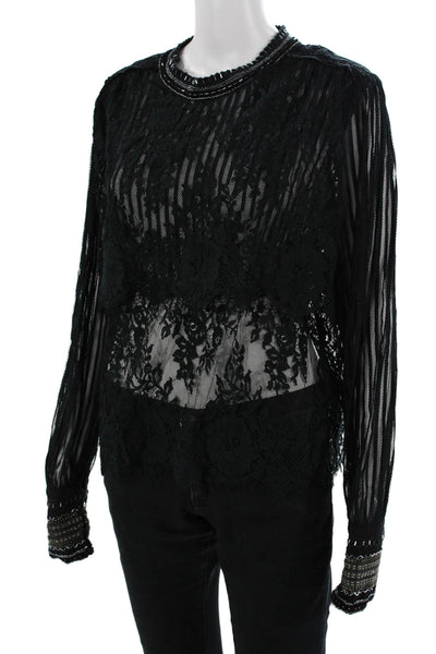 Blank London Women Black Floral Gothic Crew Neck Long Sleeve Blouse Size S