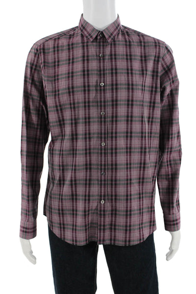 Theory Men's Point Collar Plaid Cotton Button-Up Dress Shirt Size L