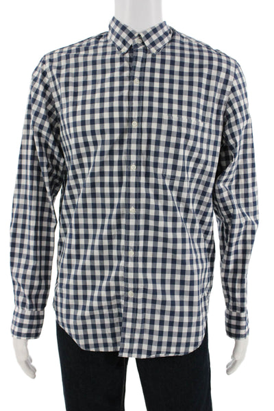 J Crew Mens Plaid Classic Fit Button Down Shirt Navy Blue White Size Medium