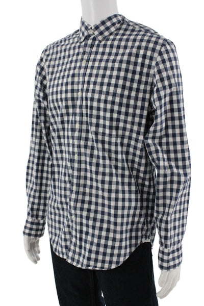 J Crew Mens Plaid Classic Fit Button Down Shirt Navy Blue White Size Medium