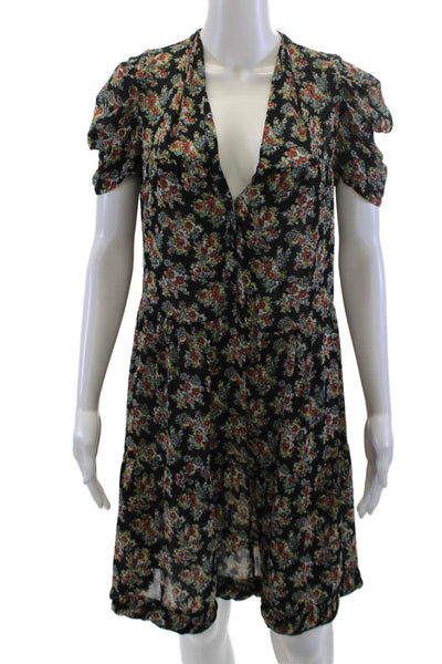 Sandro Women Shirt Dress Black V-Neck Floral Short Sleeve Size 2