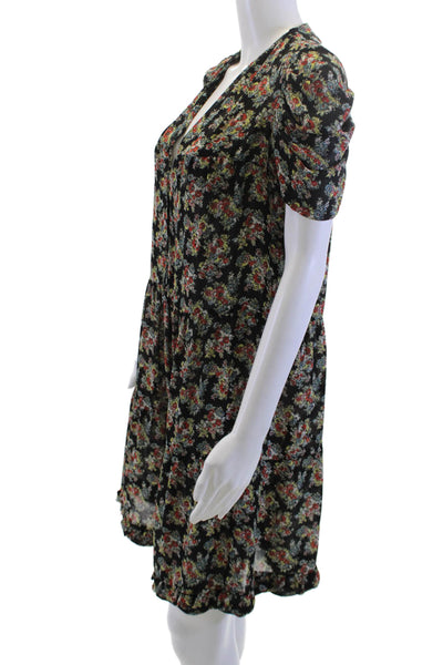 Sandro Women Shirt Dress Black V-Neck Floral Short Sleeve Size 2