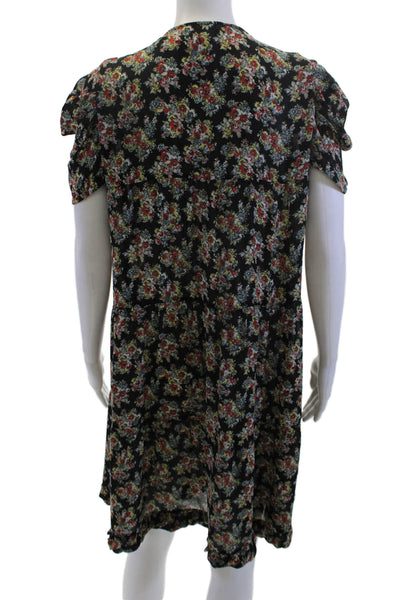 Sandro Women Shirt Dress Black V-Neck Floral Short Sleeve Size 2