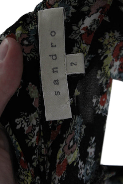 Sandro Women Shirt Dress Black V-Neck Floral Short Sleeve Size 2