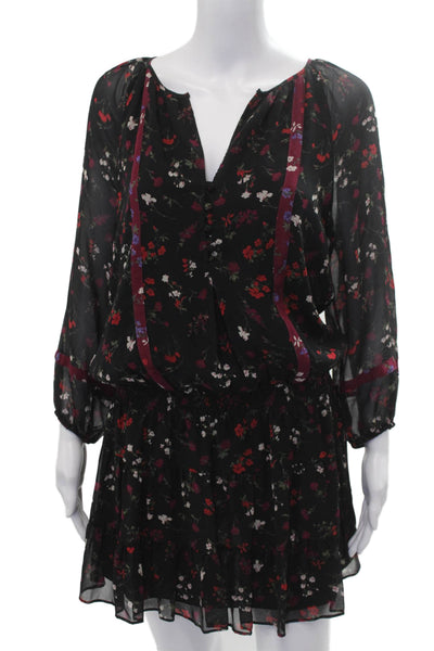 Joie Womens Blouson Mini Dress Black Silk Floral Long Sleeve VNeck Size S