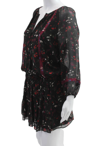 Joie Womens Blouson Mini Dress Black Silk Floral Long Sleeve VNeck Size S