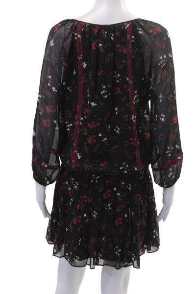 Joie Womens Blouson Mini Dress Black Silk Floral Long Sleeve VNeck Size S