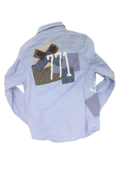 Scotch Shrunk Boys Cotton Patchwork Collared Button-Down Shirt Blue Size 8