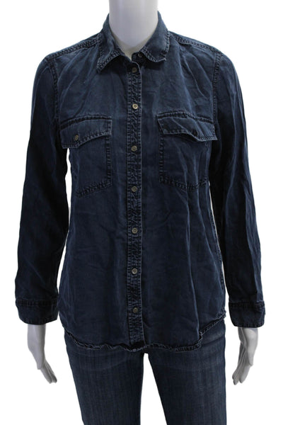 Club Monaco Women Dark Blue Collar Long Sleeve Button-Up Blouse Lyocell Size 4