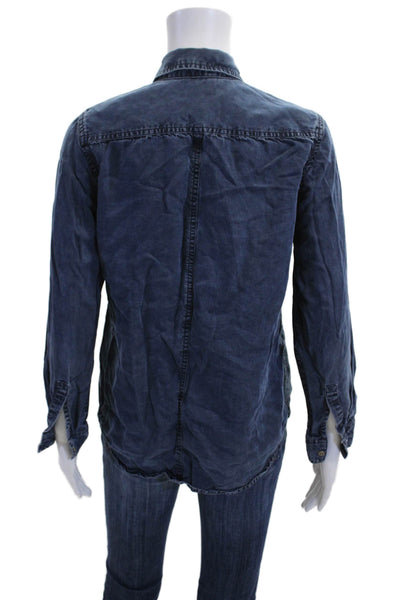 Club Monaco Women Dark Blue Collar Long Sleeve Button-Up Blouse Lyocell Size 4