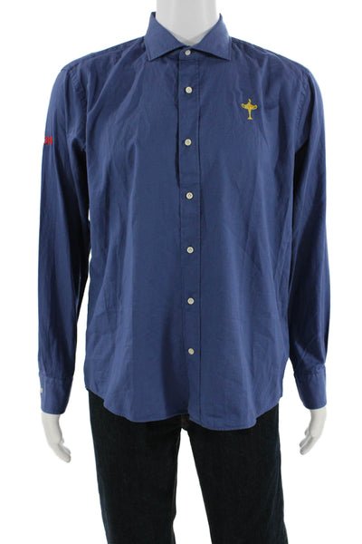 Peter Millar Mens Point Collar Button-Up Shirt Blue Cotton Size L