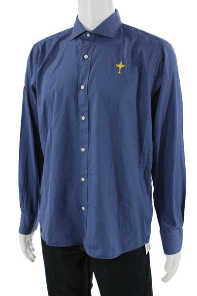 Peter Millar Mens Point Collar Button-Up Shirt Blue Cotton Size L