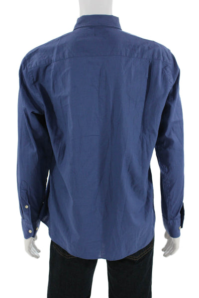 Peter Millar Mens Point Collar Button-Up Shirt Blue Cotton Size L