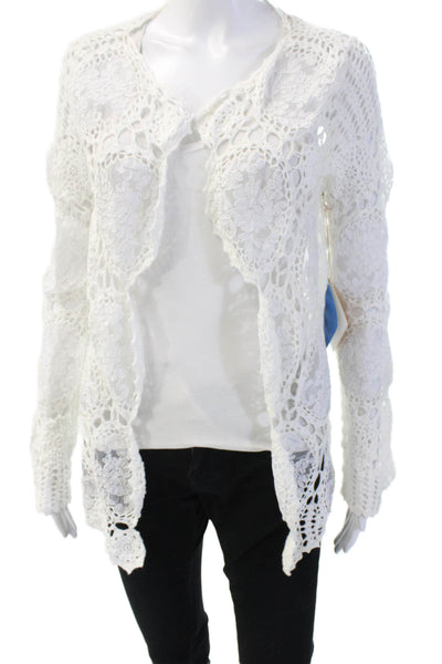 White + Warren Womens White Floral Cotton Rayon Cardigan Long Sleeve Size L