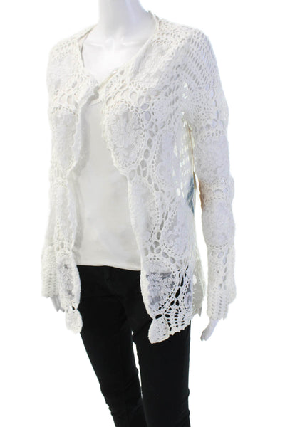 White + Warren Womens White Floral Cotton Rayon Cardigan Long Sleeve Size L