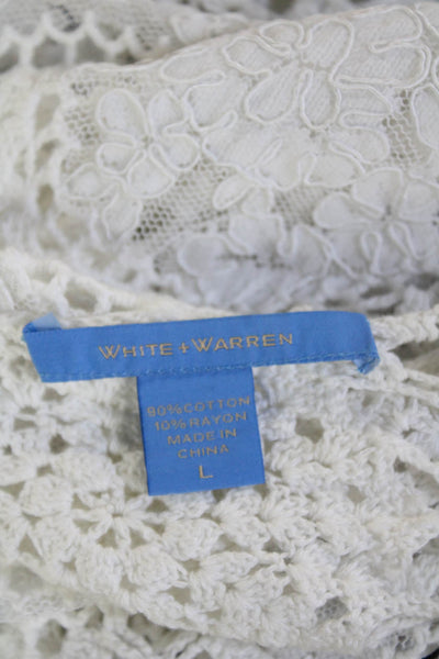 White + Warren Womens White Floral Cotton Rayon Cardigan Long Sleeve Size L