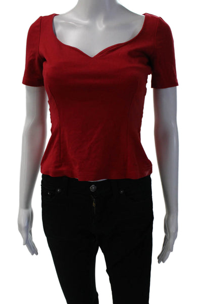 Pinko Women Cropped V Neck Red Short Sleeve Designer Cotton Blend Blouse Size 2
