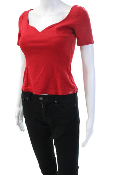Pinko Women Cropped V Neck Red Short Sleeve Designer Cotton Blend Blouse Size 2