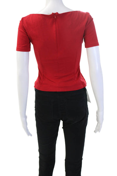 Pinko Women Cropped V Neck Red Short Sleeve Designer Cotton Blend Blouse Size 2