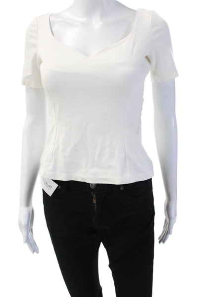 Pinko Women White V-Neck Basic Blouse Short Sleeve Zip Cotton Blend Size 2