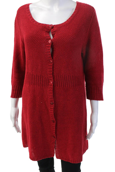 Eileen Fisher Women Red Hemp Cardigan 3/4 Sleeve Button Round Neck Size M