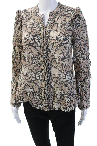 Cleobella Women Bohemian Floral Beige Buttonup Blouse Long Sleeve Cotton Size S