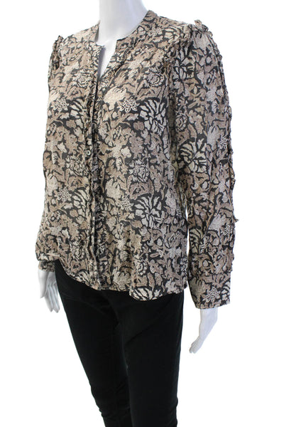 Cleobella Women Bohemian Floral Beige Buttonup Blouse Long Sleeve Cotton Size S