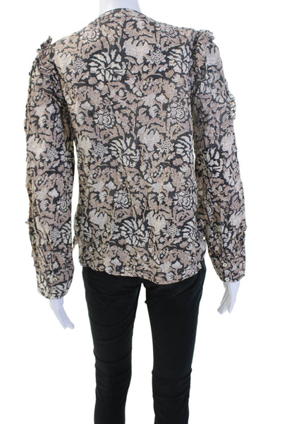 Cleobella Women Bohemian Floral Beige Buttonup Blouse Long Sleeve Cotton Size S