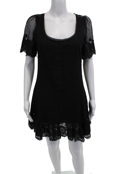 Designer Womens Shift Dress Black Polka Dot Square Neck Short Sleeve Size S