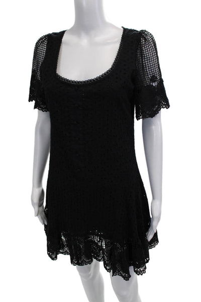 Designer Womens Shift Dress Black Polka Dot Square Neck Short Sleeve Size S
