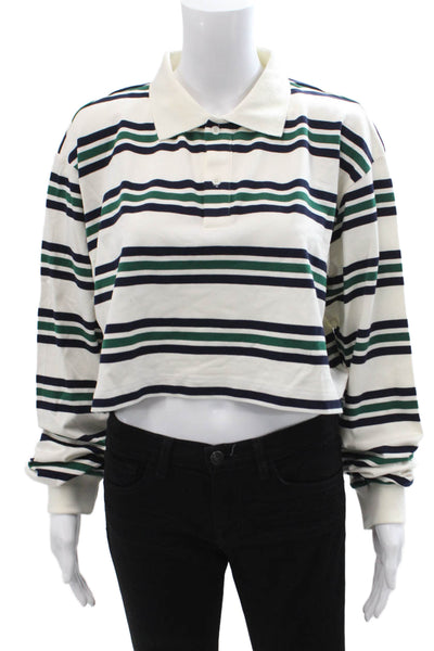 Lioness Womens Cropped Polo Beige Striped Collared Long Sleeve Size 2X