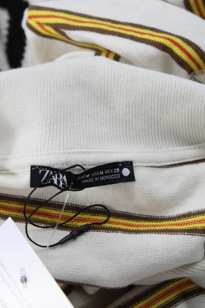 Zara Mens Polo Collared Long Sleeve Striped White Cotton 90s Size M