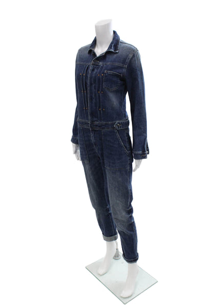 Z1975 Zara Basic Department Denim Womens Jumpsuit Dark Blue Long Sleeve Size XS