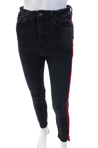 Zara Woman Women Ankle Skinny Striped Dark Blue Jeans Button Size 25