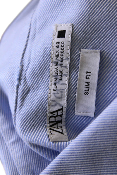 Zara Mens Point Collar Light Blue 100% Cotton Dress Shirt Long Sleeve Size M