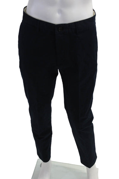 Zara Mens Ankle Cropped Chino Pants Dark Blue Button Cotton Elastane Size 32