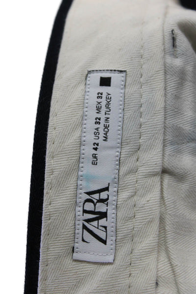 Zara Mens Ankle Cropped Chino Pants Dark Blue Button Cotton Elastane Size 32